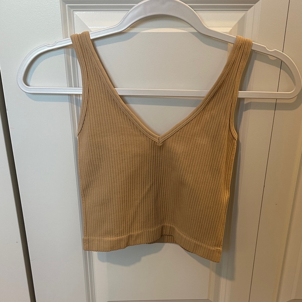Aura Ribbed Beige V-Neck Crop Top